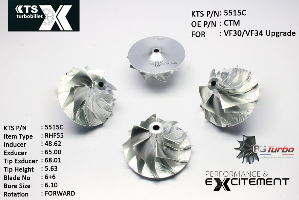 Turbo ROUE FORGÉE MFS PERFORMANCE - 6+6 PALES - INDUCER : 48,62 - EXDUCER : 65 - TYPE : RHF55ANGLE : 60° - ROTATION : Forward - SUPER BACK : 3,71 - BORE SIZE : 6,1
